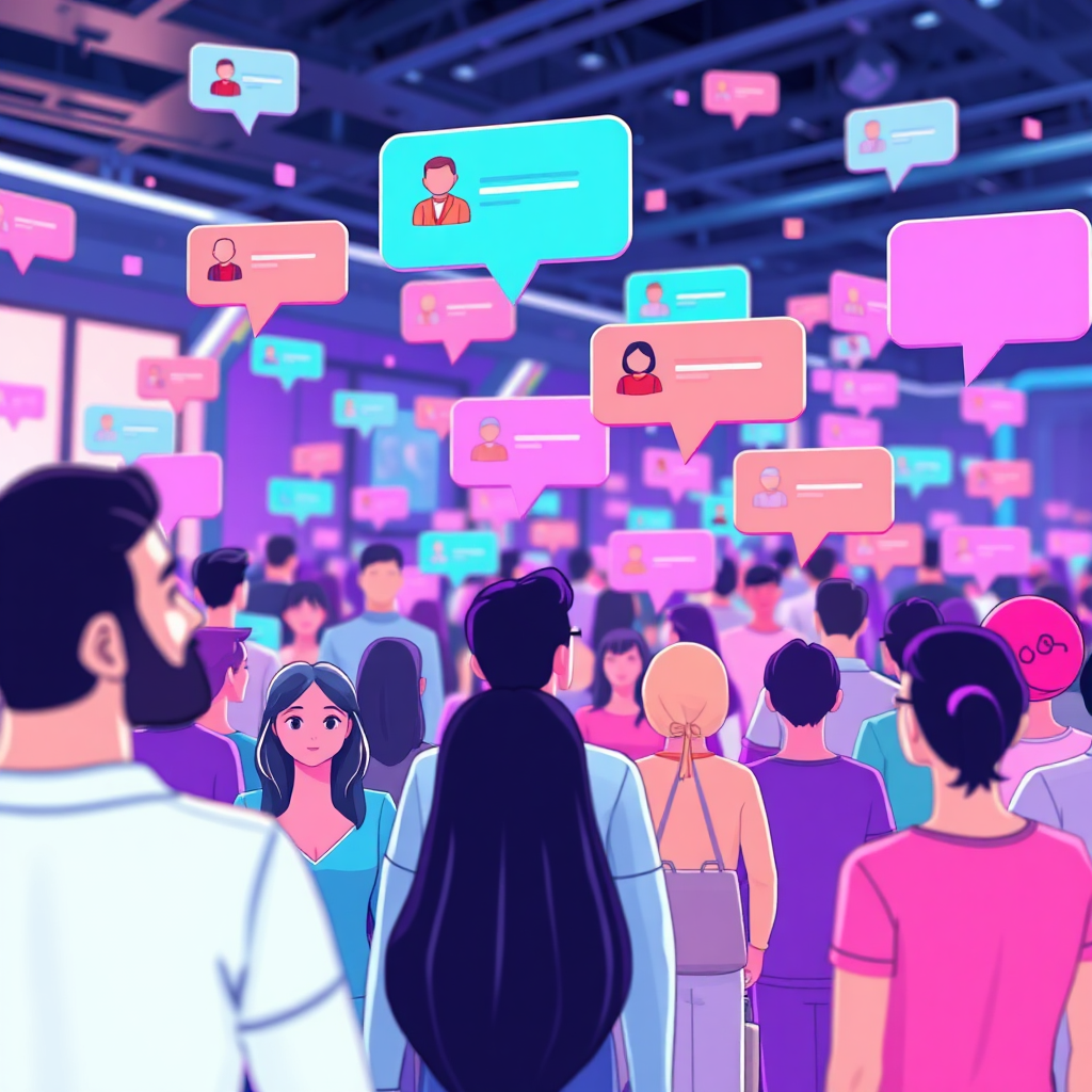 A vibrant, bustling digital forum with avatars representing different users. Chat bubbles and posts float in the air, symbolizing the exchange of ideas. The background is a futuristic social space. Use a dynamic color palette of blues, purples, and pinks to create a sense of community and connection. Render in 4K resolution with clean lines and sharp details.