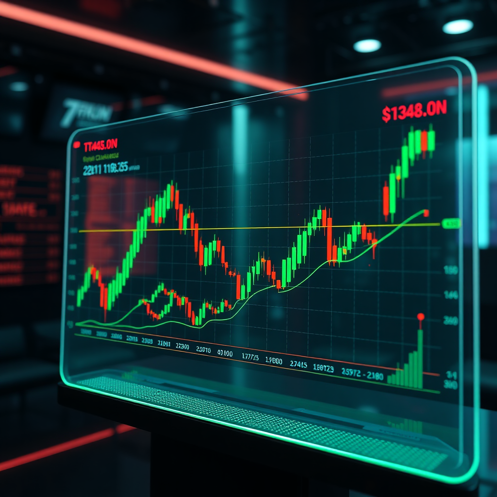 A vibrant, dynamic cryptocurrency price chart displayed on a holographic screen. Candlestick patterns, moving averages, and trading volume indicators are clearly visible. The chart is overlaid with subtle gridlines and data points. The background is a dark, futuristic trading room. Use a color palette of greens and reds to indicate price movements. Render in 4K resolution with sharp details and a slight depth-of-field effect.