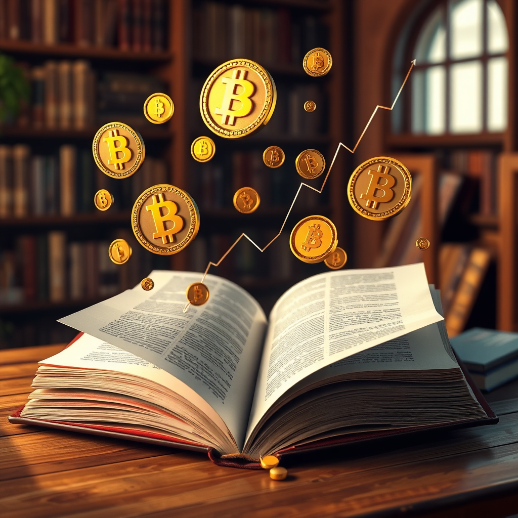 An open book with cryptocurrency symbols and charts floating above it, representing knowledge and learning. The background is a warm, inviting study. Use a color palette of golds, browns, and greens. Render in 4K resolution with soft lighting and realistic textures.