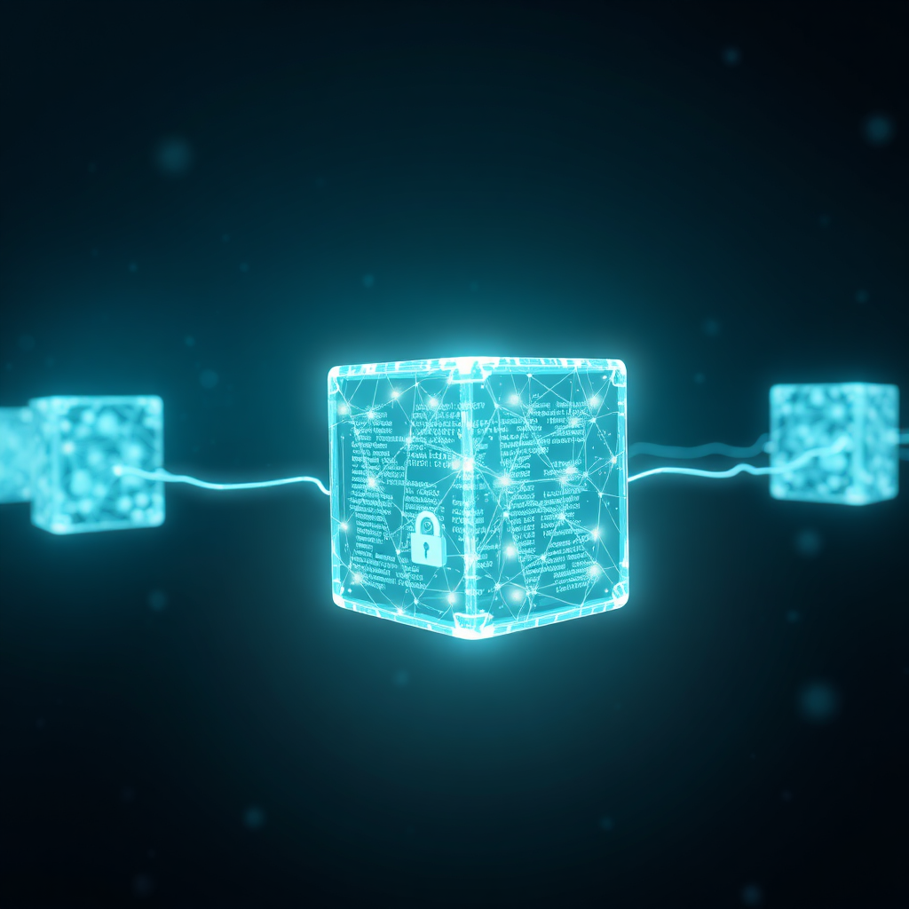 Visualize a chain of interconnected blocks, each glowing softly, floating in a digital space. The blocks are linked by shimmering lines of code, representing the secure connection between them. The background is a dark, infinite space with subtle particle effects. Focus on a single block in the foreground, highlighting its intricate structure and the data it contains. The overall feel should be futuristic and secure. Use a cool color palette of blues and greens. Render in 4K resolution with sharp details.
