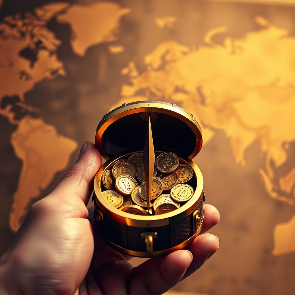 Visualize a compass pointing towards a treasure chest filled with cryptocurrency coins. The compass is held by a hand, symbolizing guidance. The background is a map of the crypto market. Use a warm color palette of golds and browns. Render in 4K resolution with soft lighting and realistic textures.