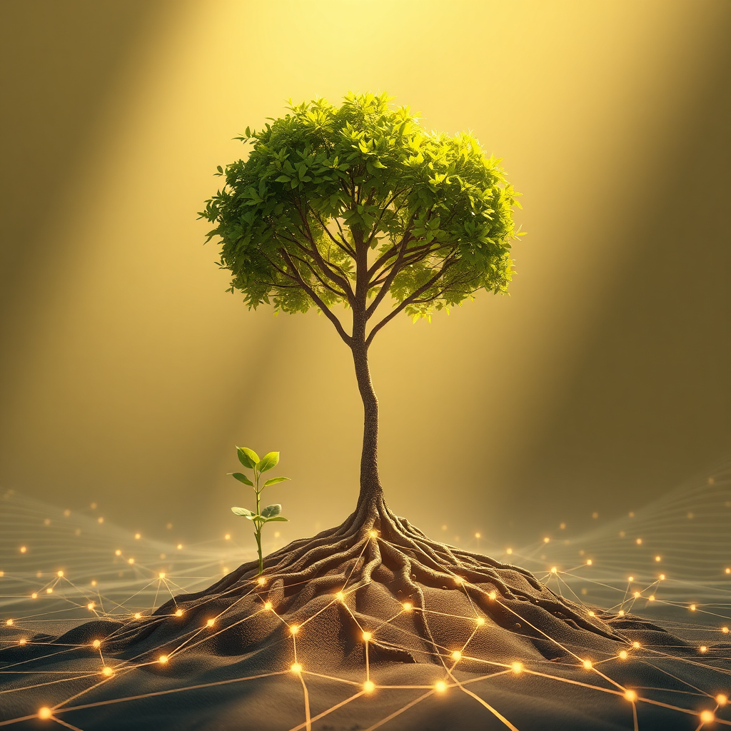 Visualize a small seedling growing into a strong tree within a digital landscape, symbolizing growth and investment. The tree's roots are connected to a network of blockchain nodes. The landscape is minimalist and futuristic. Sunlight streams down, illuminating the tree and the surrounding area. Use a warm color palette of greens and golds. Render in 4K resolution with soft lighting and realistic textures for the tree bark and leaves.