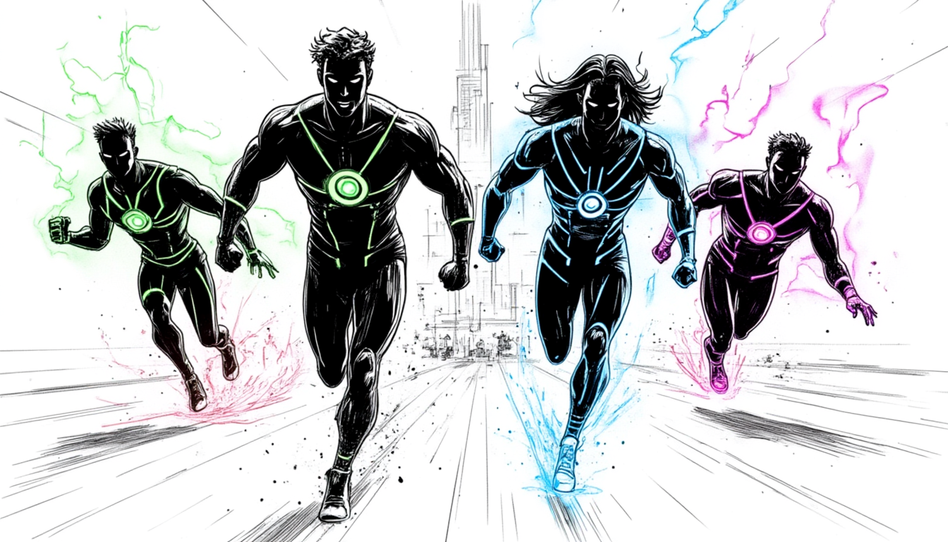 An adventurous comic scene illustrating a character on a quest, navigating through a landscape filled with puzzles and tasks, representing challenges being conquered. The style maintains a black sketch theme against a white background, emphasizing movement and excitement. Include visuals of tasks transforming into achievements, depicted by trophies or badges. Bright, engaging lighting should suggest victory and progress. The perspective should be dynamic, capturing the action of the quest in a striking manner. The end goal should be a high-quality 4K resolution, blending the thrill of adventure with an innovative spirit.
