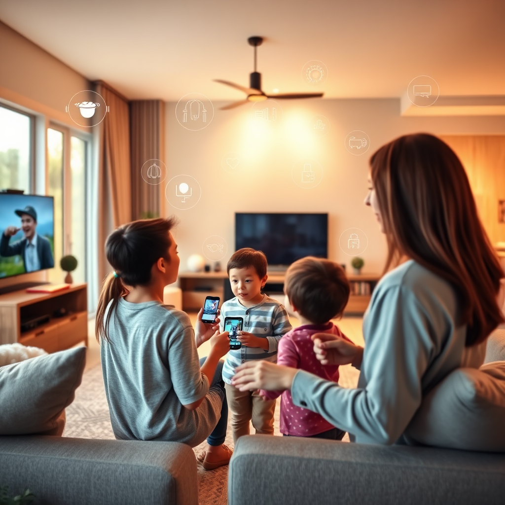A family interacting seamlessly with a variety of smart devices in their modern living space. They are effortlessly controlling lighting, entertainment, and security systems via voice commands and touch interfaces. The scene is bathed in warm, natural light, creating a welcoming and connected atmosphere. The focus is on ease of use and intuitive design. Style: Realistic, modern, and family-friendly. Camera angle: wide shot, showcasing the integrated environment.