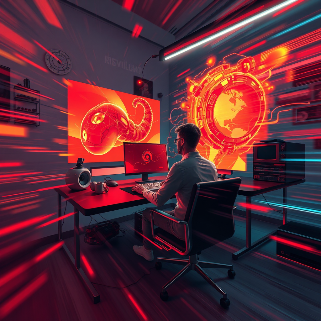 A fast-paced visual that represents AI assisting an artist's workflow. The artist sits at a desk in their studio, as an AI renders concept art at lightning speed. The color palette is energetic and vibrant, with reds, oranges, and yellows. Camera angle is a dynamic shot that captures the movement and speed of the AI. Style: Modern digital art. Technical specs: 4K resolution.
