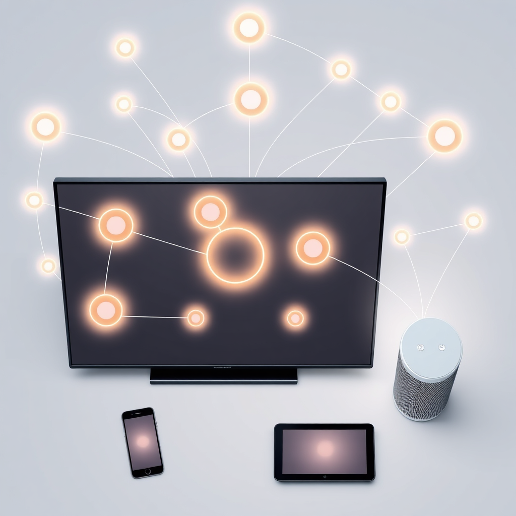 A network of interconnected devices (smart TV, smartphone, tablet, smart speaker) seamlessly communicating with each other. Use glowing lines and subtle animations to visualize the data flow. Focus on the ease of use and intuitive design. Style: Modern, clean, and connected. Camera angle: Overhead view, emphasizing the network connectivity.