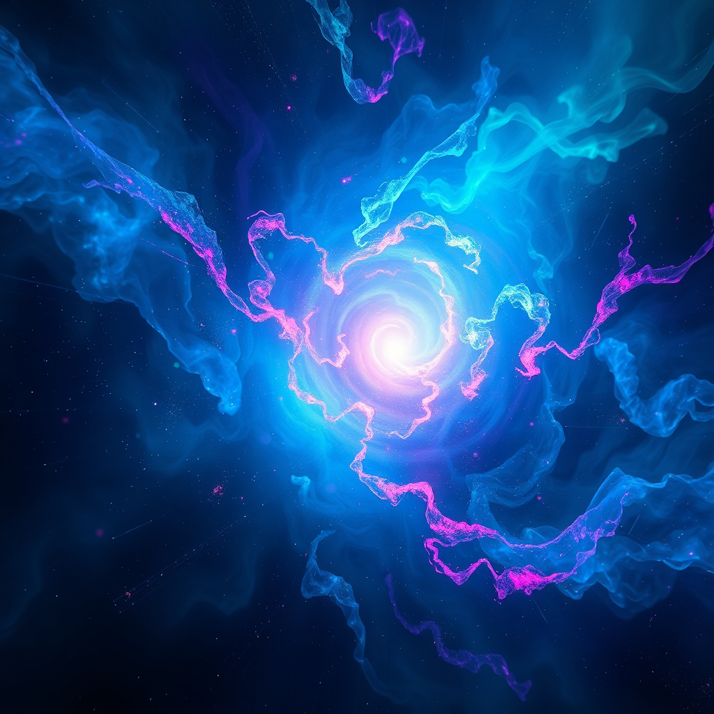 A photorealistic rendering of an AI algorithm manifesting as a swirling nebula of colors, directly influencing a digital canvas where concept art emerges. The light source is the AI nebula, casting ethereal glows. Dominant colors are blues, purples, and greens. Camera angle is a wide shot emphasizing the scale of the AI influence. The textures show digital brushstrokes and nebulae. Style: Sci-fi realism. Technical specs: 8K resolution, cinematic lighting.