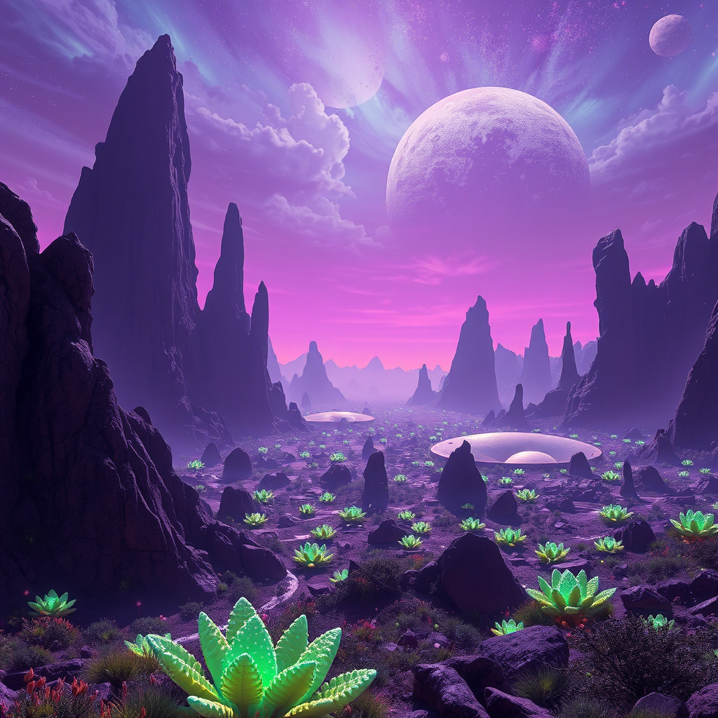 A photorealistic rendering of an alien landscape generated by AI. The landscape features towering rock formations, bioluminescent flora, and a vibrant, alien sky. The lighting is dramatic, with long shadows and glowing highlights. The color palette is exotic and otherworldly, featuring purples, greens, and blues. Camera angle is a wide shot capturing the vastness of the landscape. Style: Sci-fi realism. Technical specs: 8K resolution, cinematic lighting.