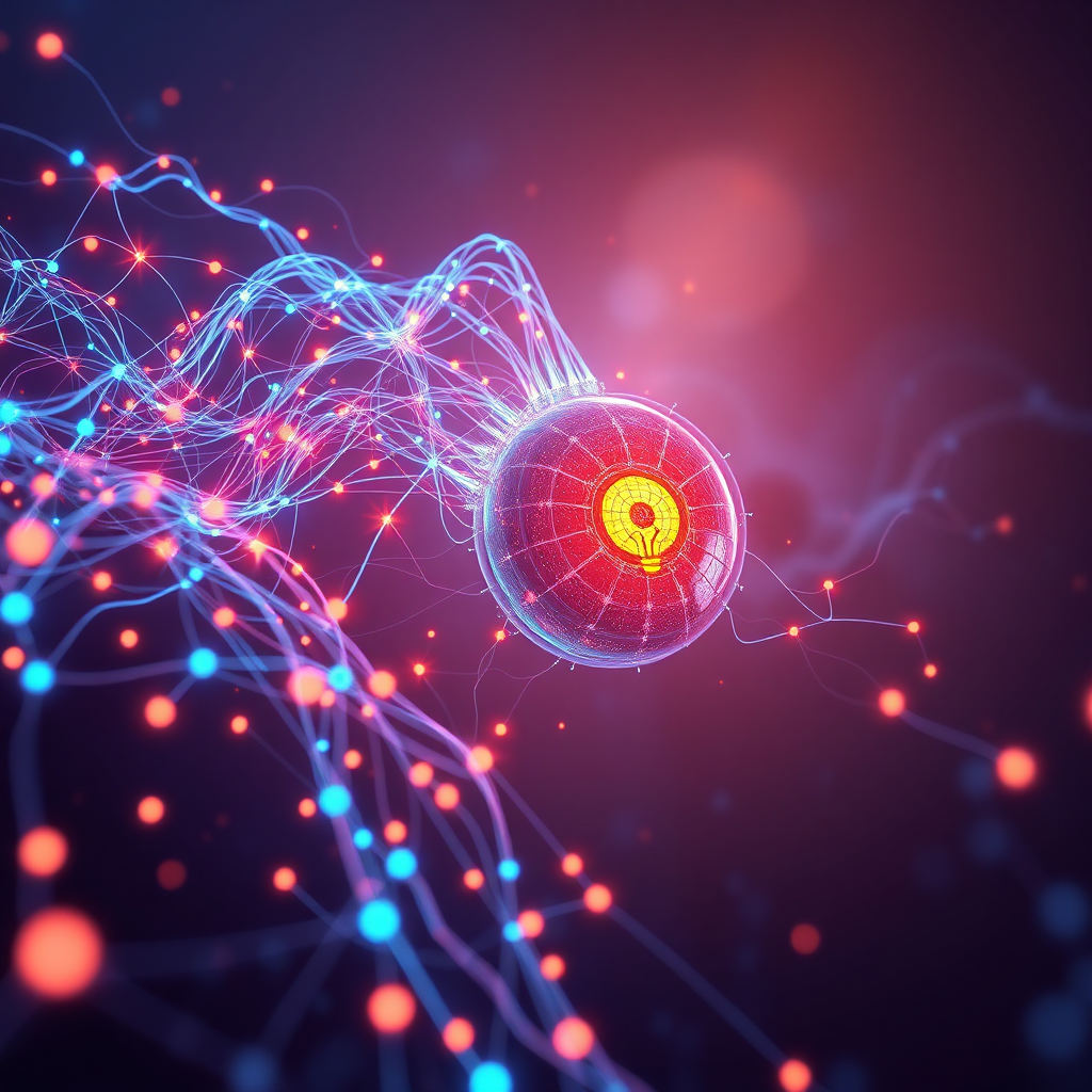 A stylized image representing the core of AI graphic design, and Noble Media Streams' goal to create visuals. The scene features a cascade of interconnected digital nodes, each representing a unique creative idea, flowing into an AI core. The AI core visualizes a vibrant and stunning image. The lighting accentuates the flow and interconnectedness, with soft gradients enhancing the overall depth and richness. The color palette utilizes complementary colors such as blues and oranges. Camera angle is a medium shot, capturing the entire flow of information, and the resultant image. The style reference is 'Tron Legacy' meets 'abstract expressionism'. Technical Specs: 4K resolution, high-quality rendering.