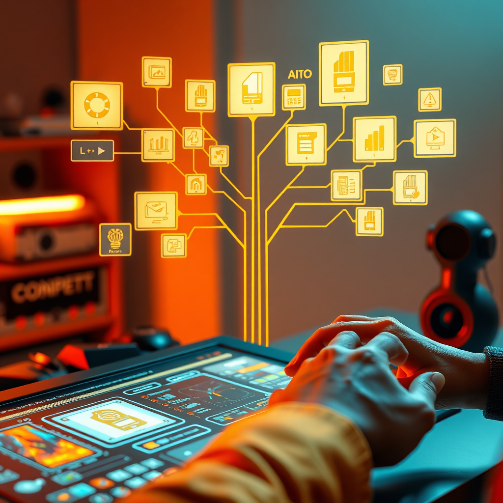 A stylized scene showcasing an artist collaborating with an AI interface. The interface displays multiple iterations of a concept design, branching out like a tree. The lighting is soft and diffused, enhancing the collaborative atmosphere. The color palette is warm and inviting, with oranges and yellows. Camera angle is a close-up on the interface and the artist's hands. Style: Modern digital art. Technical specs: 4K resolution.