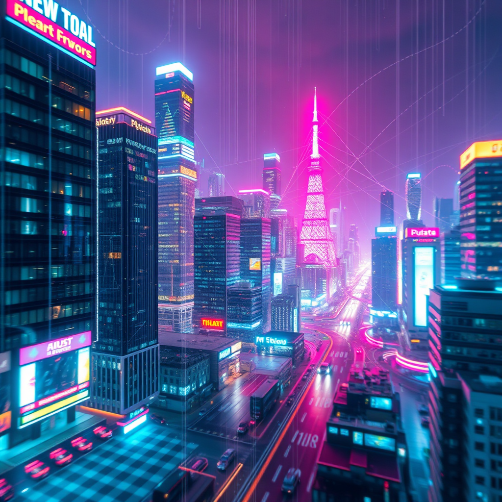 AI generating an image in real-time, with algorithms rendering the image. The image being generated is of a city, and the colors are cyberpunk oriented. Technical Specs: 4k resolution