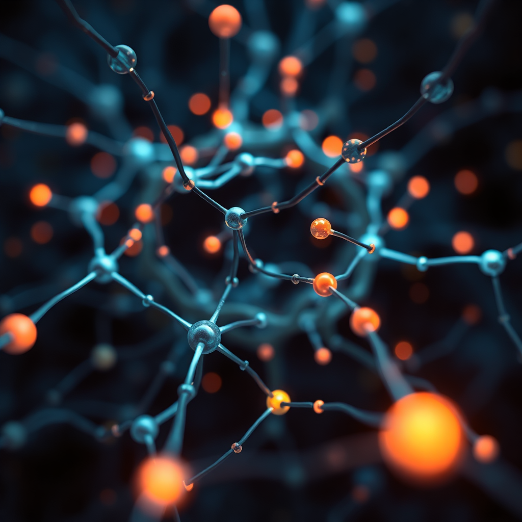 An abstract representation of AI learning and personalization. Depict a neural network with interconnected nodes, glowing and pulsating with energy. Use a gradient of colors to symbolize the flow of information and the personalization process. The background should be dark and mysterious, representing the complexity of AI. Style: abstract, futuristic, and dynamic. Camera angle: close-up, focusing on the intricate details of the neural network.