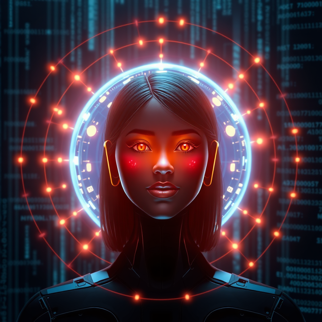 An AI personal assistant is shown, they should be in the style of an orb that glows. The background should be filled with data streams.