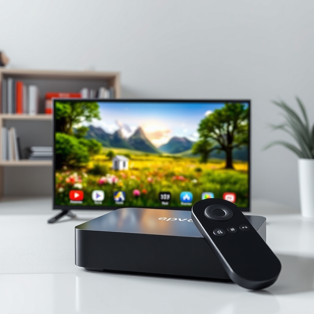 A person sitting on a couch, watching IPTV, using a remote. The tv image should be very high quality. The room has a modern aesthetic to it.