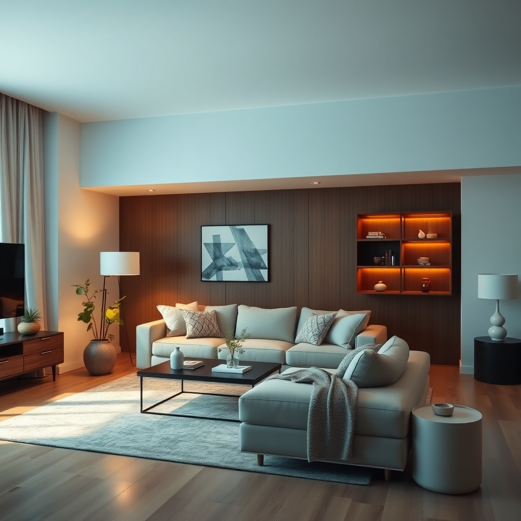 The scene is in a living room, where the user is controlling the lighting and temperature. The furniture is modern and clean. The colors should be appealing and inviting.