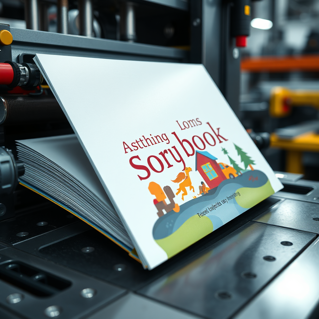 A close-up photorealistic image of a personalized storybook being printed on a high-quality printing press. The book is made of thick, glossy paper, and the colors are vibrant and sharp. The printing press is a complex and impressive machine. Style: Industrial photography. Technical Specs: 4K resolution, detailed textures.