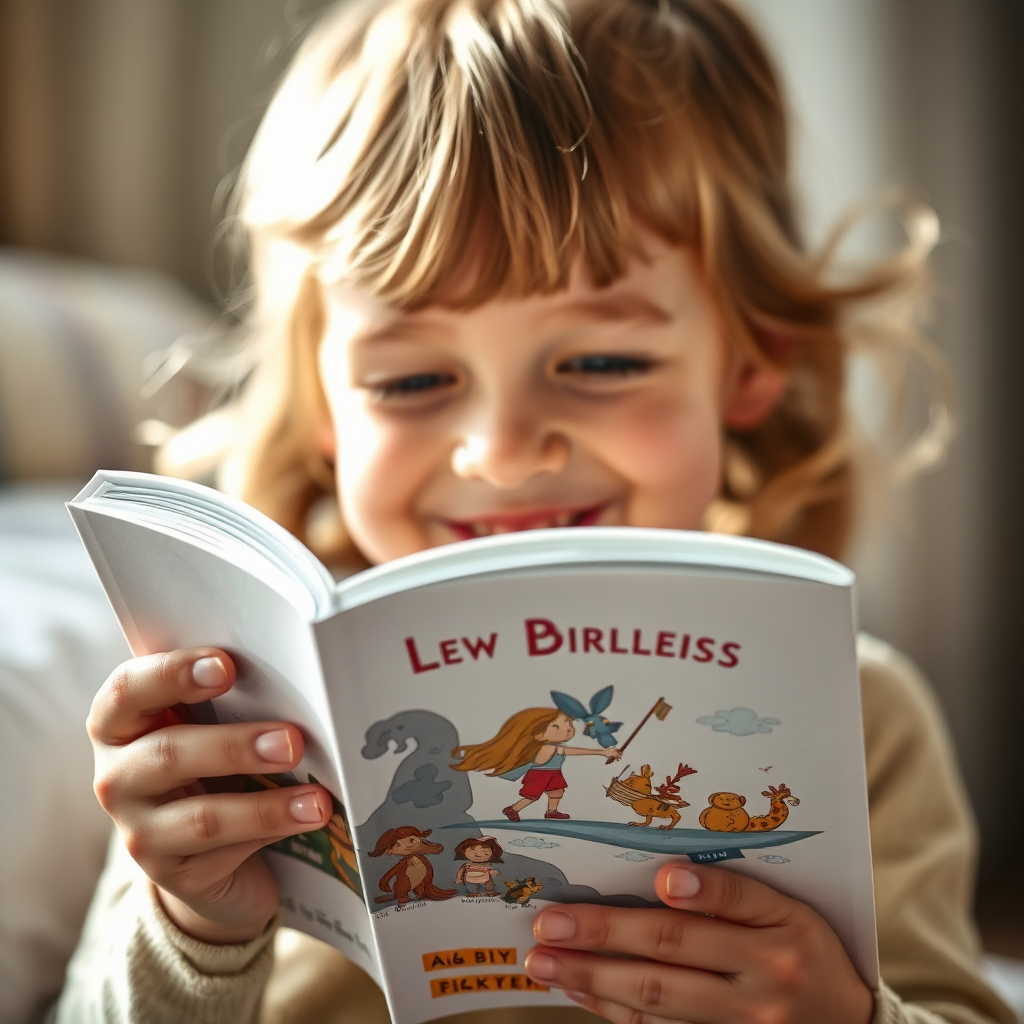 A close-up photorealistic image of a child (age 7) carefully holding a personalized storybook. The child's face is filled with joy and wonder as they gaze at the book's cover, which features their name and a whimsical illustration of them embarking on an adventure. Soft, natural light illuminates the scene, highlighting the details of the book's cover and the child's expression. The background is blurred to draw attention to the book and the child. Style: Photorealistic portrait. Technical Specs: 4K resolution, shallow depth of field.