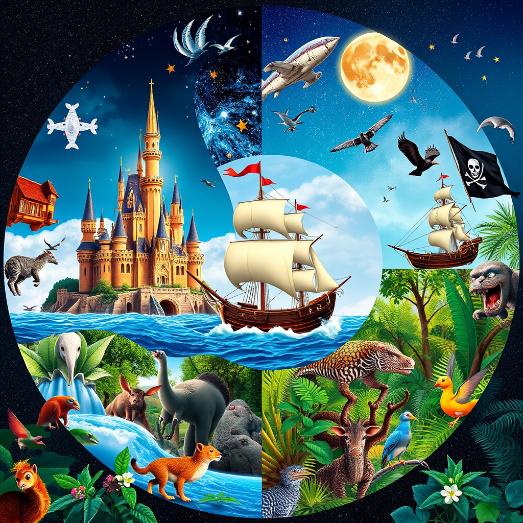 A digital collage showcasing various themes from personalized storybooks: a fairy tale castle, a spaceship soaring through the stars, a pirate ship sailing on the ocean, and a jungle filled with exotic animals. The collage is arranged in a circular pattern, symbolizing the endless possibilities of storytelling. The color palette is vibrant and diverse, reflecting the variety of themes. Style: Digital collage. Technical Specs: 4K resolution, high detail.