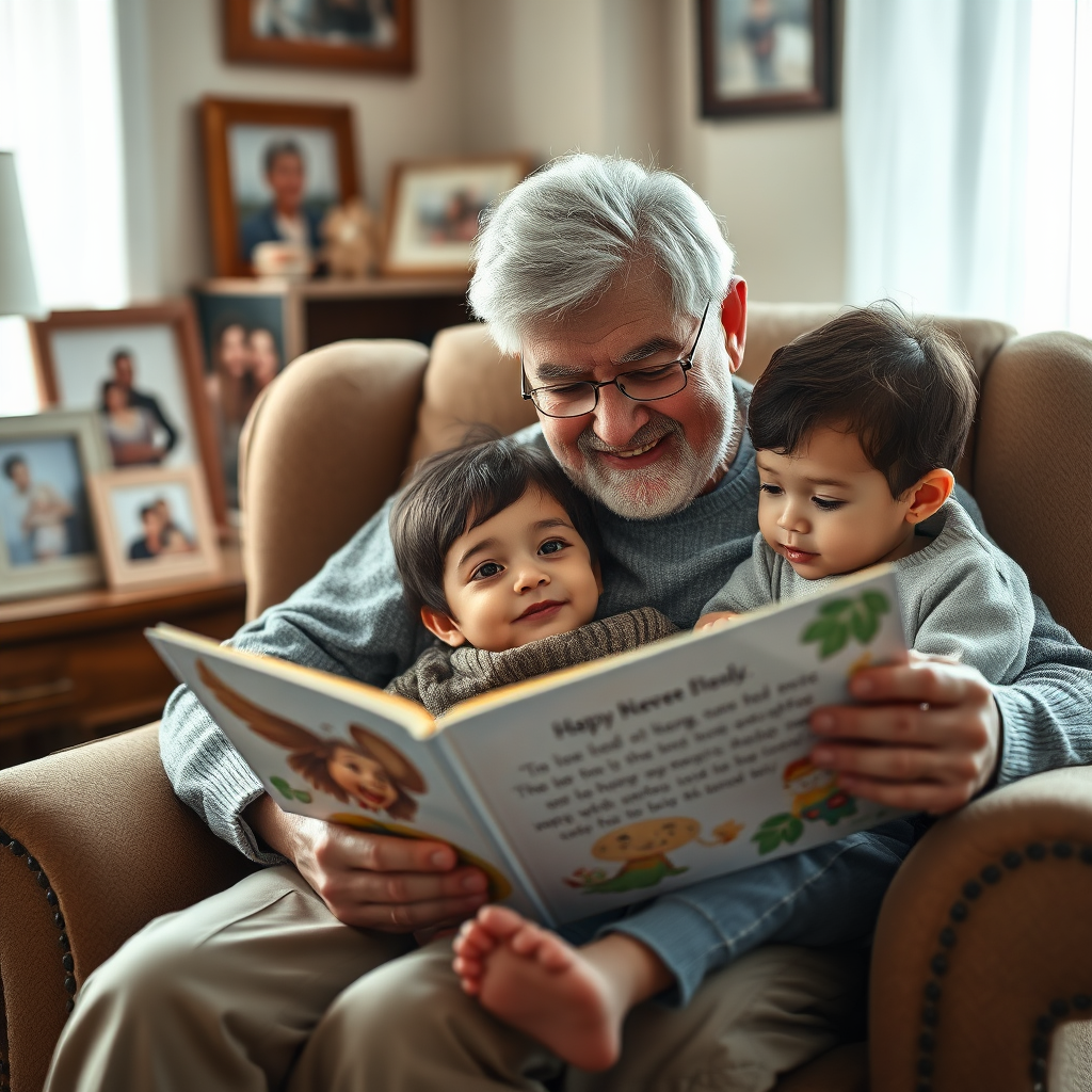 A photorealistic image of a grandparent reading a personalized storybook to their grandchild. They are sitting in a comfortable armchair, surrounded by family photos and other treasured mementos. The child is listening intently, their eyes wide with wonder. Soft, warm light fills the room, creating a sense of love and connection. Style: Lifestyle photography. Technical Specs: 4K resolution, warm lighting.