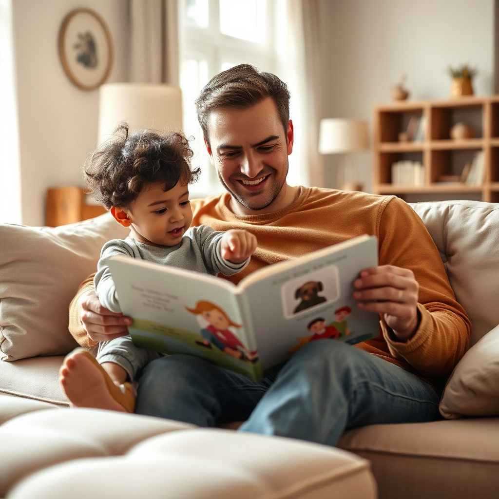 A photorealistic image of a parent and child (age 5) reading a personalized storybook together. They are sitting comfortably on a sofa in a warm and inviting living room. The child is pointing at the book with a look of excitement, while the parent is smiling and reading aloud. Soft, natural light fills the room, creating a cozy and intimate atmosphere. Style: Lifestyle photography. Technical Specs: 4K resolution, natural lighting.