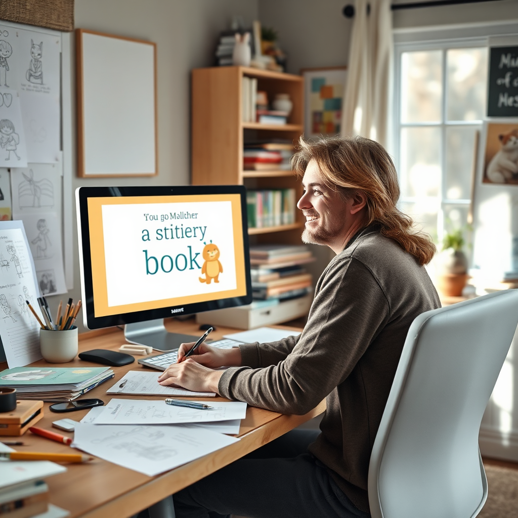 A photorealistic image of a writer at a desk, surrounded by notes, sketches, and children's books. The writer is smiling and looking at a computer screen, where a personalized storybook is being created. Soft, natural light fills the room, creating a creative and inspiring atmosphere. Style: Workspace photography. Technical Specs: 4K resolution, focused detail.