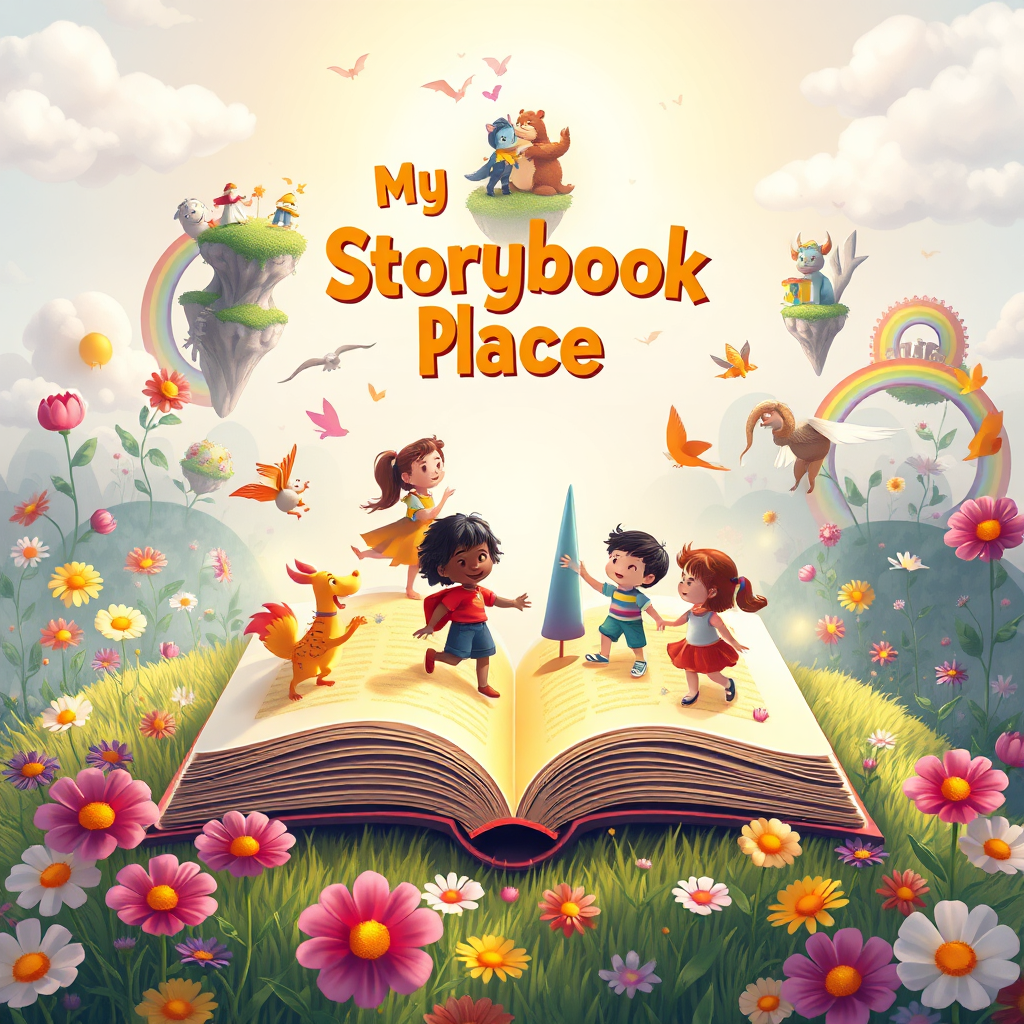 A stylized, heart-warming image representing My Storybook Place. Imagine an open storybook with characters leaping off the pages and interacting with a diverse group of children in a fantastical, dreamlike setting. The characters could be animals, mythical creatures, or even animated versions of the children themselves. The setting is a vibrant meadow filled with oversized flowers, floating islands, and rainbow bridges. The color palette is bright and cheerful, with a focus on primary and secondary colors. The lighting is soft and magical, with a gentle glow emanating from the storybook. The camera angle is slightly elevated, providing a panoramic view of the scene. The image should evoke a sense of wonder, imagination, and the joy of personalized storytelling. Style: Whimsical illustration with a touch of realism. Technical Specs: 4K resolution, high quality, detailed textures.