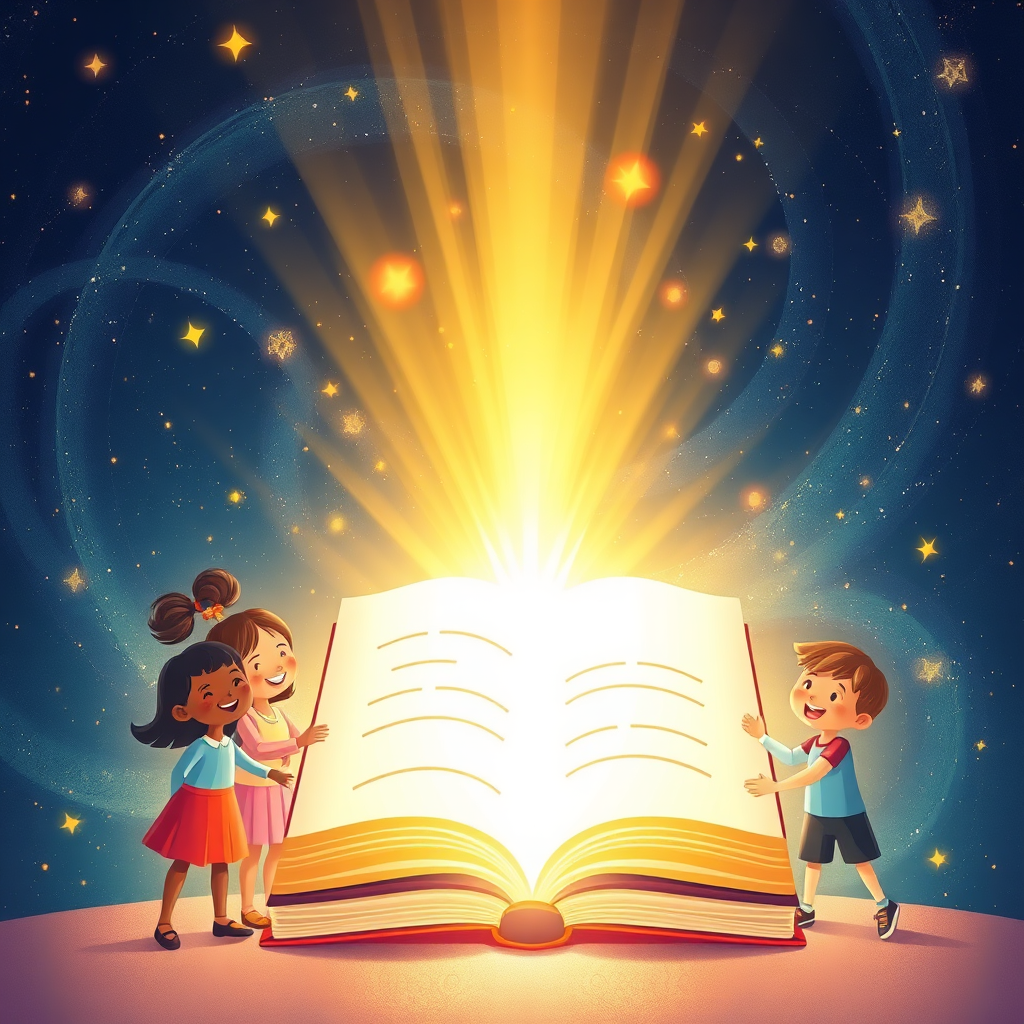 A stylized illustration showing a personalized storybook radiating a soft, golden light. The light spills out from the book, illuminating a diverse group of children holding hands and smiling. The background is a swirling vortex of stars and galaxies. The overall tone is one of hope, joy, and connection. Style: Abstract illustration. Technical Specs: 4K resolution, glowing effects.