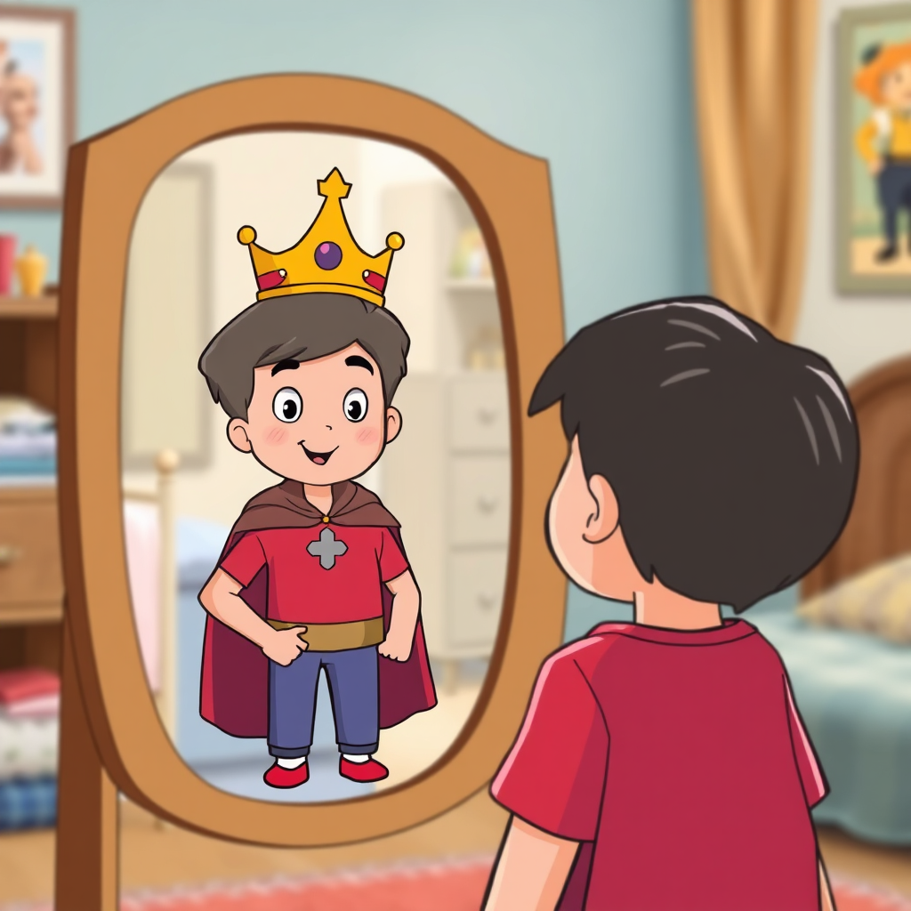 A stylized image of a child looking at their reflection in a mirror. The reflection shows them as a confident and capable hero from their personalized storybook, wearing a crown and cape. The background is a blurred image of the child's real bedroom. The overall tone is one of empowerment and self-belief. Style: Conceptual illustration. Technical Specs: 4K resolution, symbolic imagery.