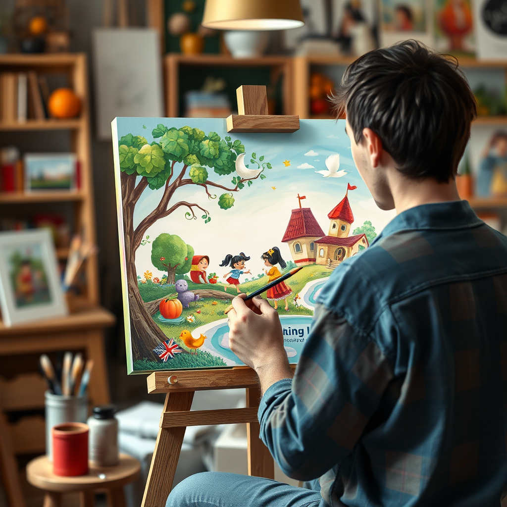 A stylized image of an artist painting a scene from a personalized storybook. The artist is using a variety of vibrant colors and techniques to create a whimsical and imaginative illustration. The background is a blurred image of the artist's studio. Style: Artistic illustration. Technical Specs: 4K resolution, vibrant colors.