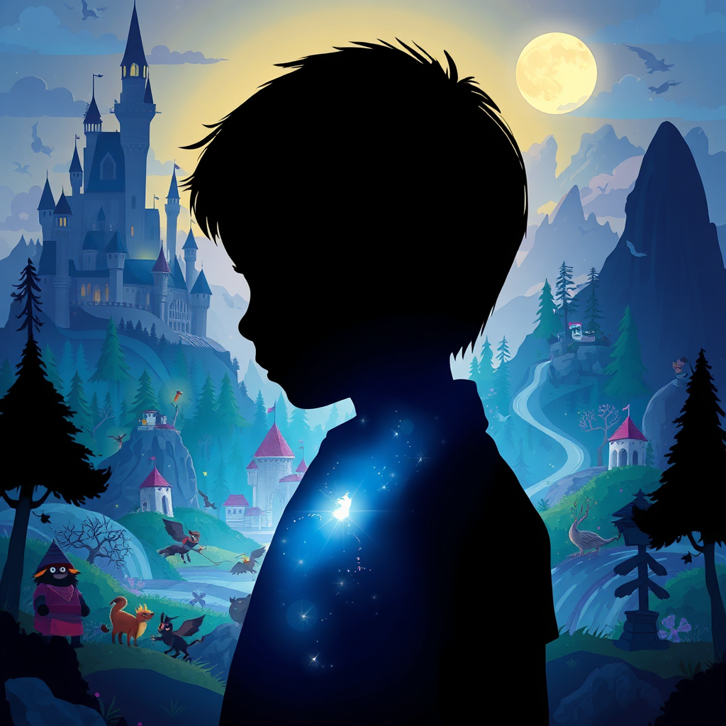 A stylized image showing a child's silhouette against a backdrop of a vibrant, fantastical landscape. The landscape is composed of elements from their personalized storybook, such as towering castles, enchanted forests, and friendly creatures. The child's silhouette is filled with glowing light, symbolizing their imagination taking flight. The color palette is rich and saturated, with a focus on blues, purples, and greens. Style: Dreamlike illustration. Technical Specs: 4K resolution, high contrast.