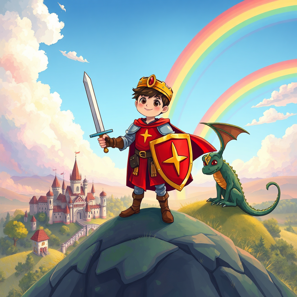 An illustration depicting a child (age 9) dressed as a brave knight, standing triumphantly on a hilltop overlooking a kingdom from their personalized storybook. The child is holding a sword and shield, and a dragon is perched peacefully nearby. The sky is filled with colorful clouds and a rainbow. The overall tone is one of adventure, courage, and friendship. Style: Children's book illustration. Technical Specs: 4K resolution, vibrant colors.