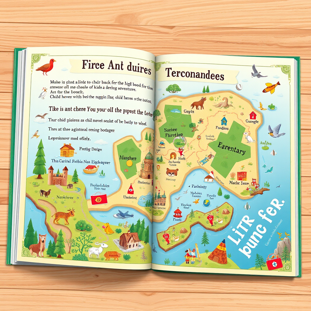 An illustration depicting a personalized storybook page that blends adventure with educational elements. The page features a map with clues and puzzles that the child-hero must solve to progress in the story. The map is surrounded by colorful illustrations of animals, plants, and landmarks. The overall tone is one of learning and discovery. Style: Educational illustration. Technical Specs: 4K resolution, detailed graphics.