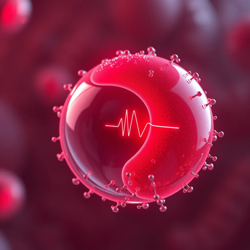 A 3D visualization of a blood cell with a red, pulsing light representing glucose levels. The cell is surrounded by tiny, shining magnesium molecules that are gently interacting with the glucose, symbolizing its role in maintaining balanced blood sugar.