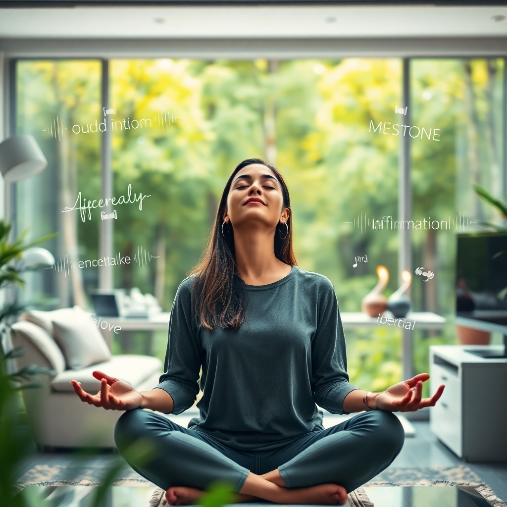 A 4K, high-quality image combining elements of nature and technology. In the center, a woman sits in a comfortable home office, eyes closed, meditating. A gentle light shines upon her. Around her float stylized sound waves and affirmations in a visually pleasing manner. The background subtly blends a lush forest scene with a sleek, modern workspace. The color palette emphasizes calming greens, blues, and purples. This creates a sense of tranquility, focus, and inspiration. The image should evoke feelings of inner peace and professional empowerment. The style should lean towards serene realism, with elements of artistic abstraction to represent the intangible aspects of sound and affirmation. The environment should feel both grounded and aspirational. Pay close attention to the texture of the woman's skin, clothing, and the natural elements in the scene. This enhances realism and visual appeal. The camera angle should be slightly high, offering a holistic view of the subject and her environment. There should also be a slight bokeh effect for depth.