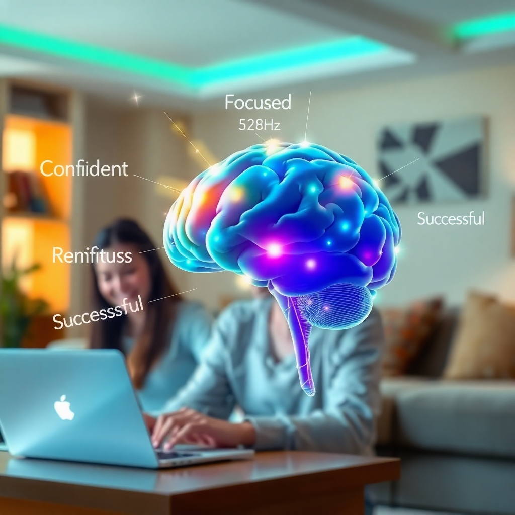 A 4K, high-quality image showing a stylized representation of a brain being 'rewired' with strands of light connecting different areas. These strands of light are imbued with colors representing different frequencies (528Hz, 777Hz). Visual affirmations, depicted as translucent, shimmering words like 'Confident,' 'Focused,' and 'Successful,' gently cascade around the brain. The background is a softly blurred image of a person happily working on a laptop in a comfortable home environment. The color palette should be vibrant and uplifting, using a mix of blues, greens, and golds. The overall style should be modern and optimistic, conveying a sense of transformation and empowerment. The image should evoke the feeling of unlocking one's potential through mindful technology and positive mindset shifts.