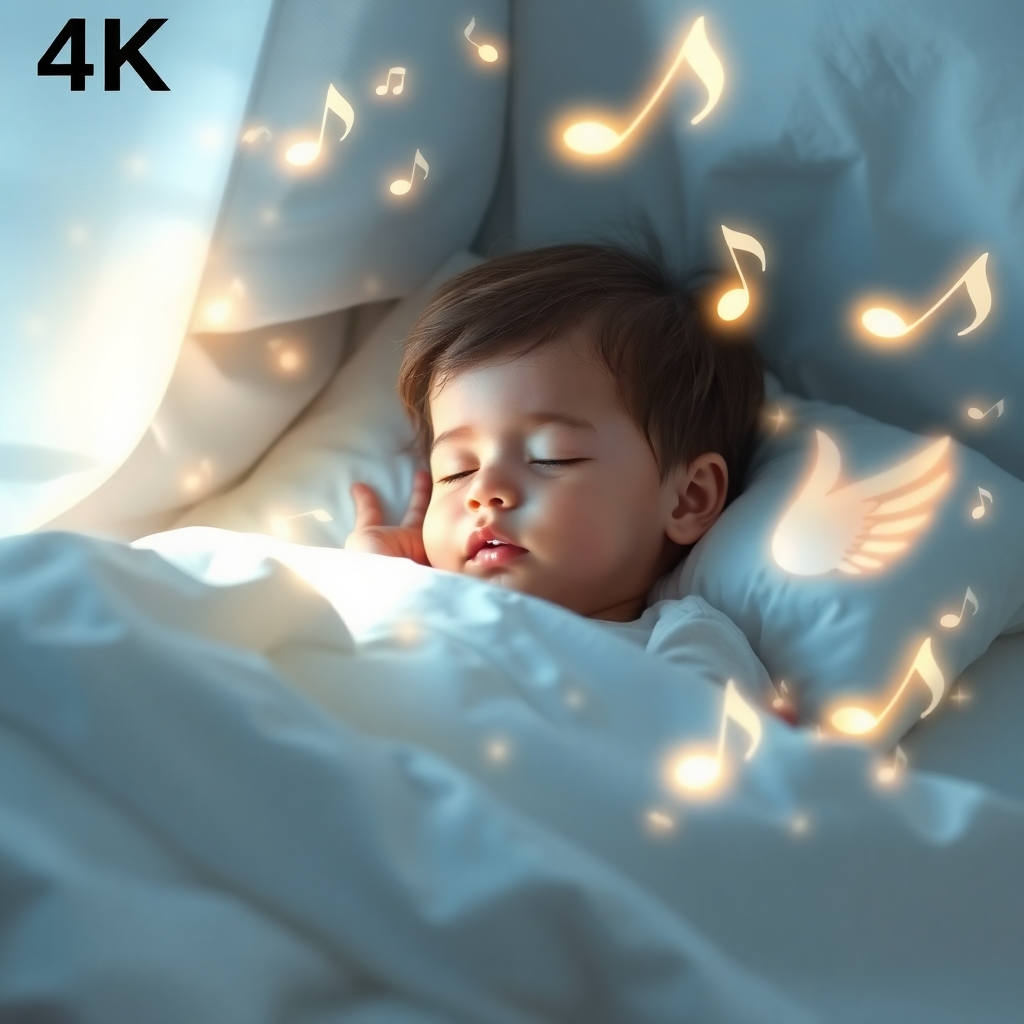 A 4K image depicting a child soundly sleeping in a bed bathed in soft, ethereal light.   Glowing particles resembling musical notes and angelic wings gently swirl around the child. The color scheme is soft and serene.