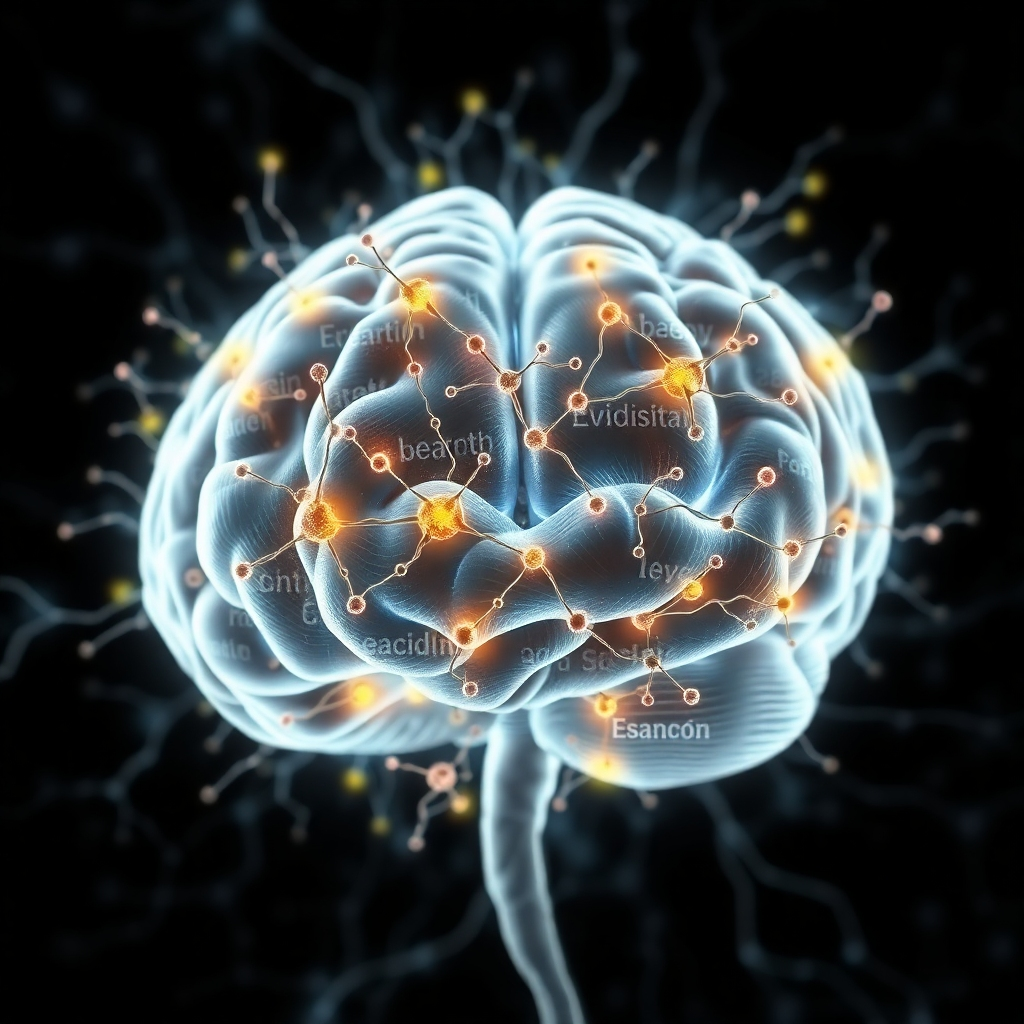 A 4K image of a brain with interconnected neurons, with Spanish and English words flowing through them, highlighting the enhanced cognitive connections and brain activity.