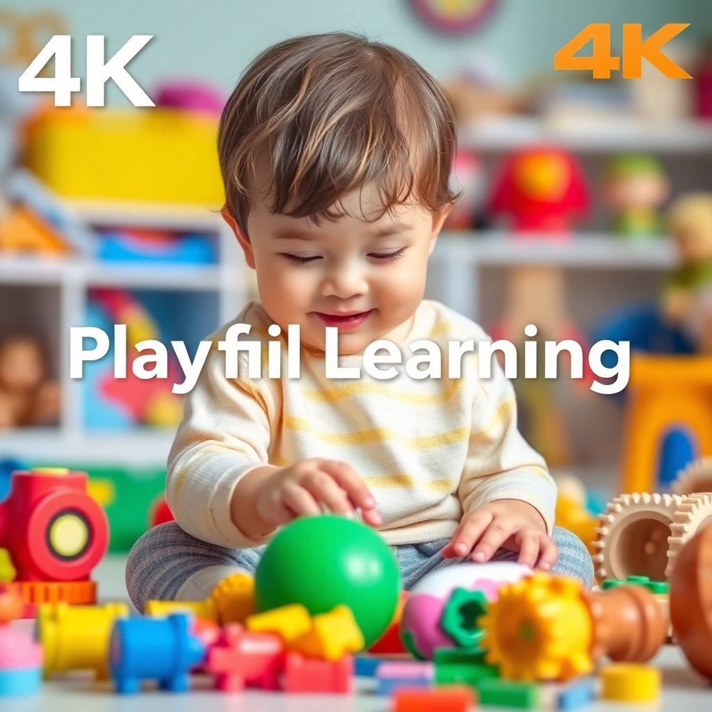 A 4K image showing a child actively engaged in play, surrounded by colorful toys. The image is bright and cheerful, evoking a feeling of playful learning.