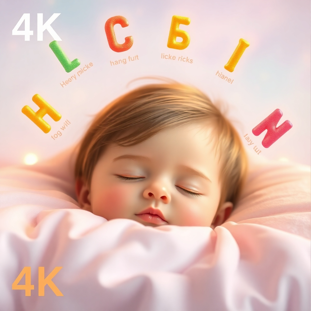 A 4K image, stylized like a whimsical dream sequence, showing colorful letters of the alphabet floating around a sleeping child's head.  These letters form short, positive phrases while emitting a soft, golden glow.  The background is a pastel dreamscape, invoking a soft and dreamy feel.