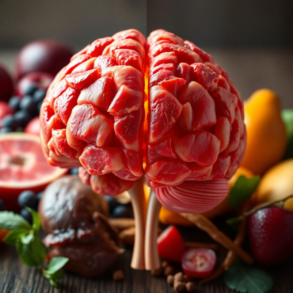 A 4K photorealistic image portraying a brain composed of raw meat cuts like steak and ground beef, intertwined with neurological pathways. The background transitions from vibrant fruits on one side to a clean, minimalist, and healthy carnivore-based meal on the other. Lighting should be dramatic, highlighting the contrast between the two dietary extremes. Camera angle is slightly elevated, providing a comprehensive view of the brain structure. Textures must be highly detailed to showcase the realistic appearance of meat and neural networks. The overall style should blend medical illustration with culinary aesthetics, emphasizing the potential for healing and nourishment through a carnivore diet. The mood is hopeful and transformative, showcasing the potential for positive change. Props include anatomically correct brain structure with meat texture and fading fruits in the backdrop.