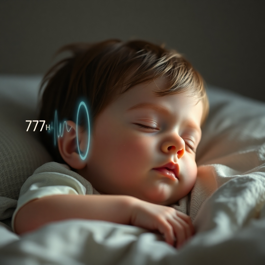 A 4K photorealistic image showing a child deeply asleep, their breathing calm and even. Soft 777Hz sound waves are subtly visualized as a gentle glow around them.  The background is a muted, calming palette, symbolizing restful slumber.