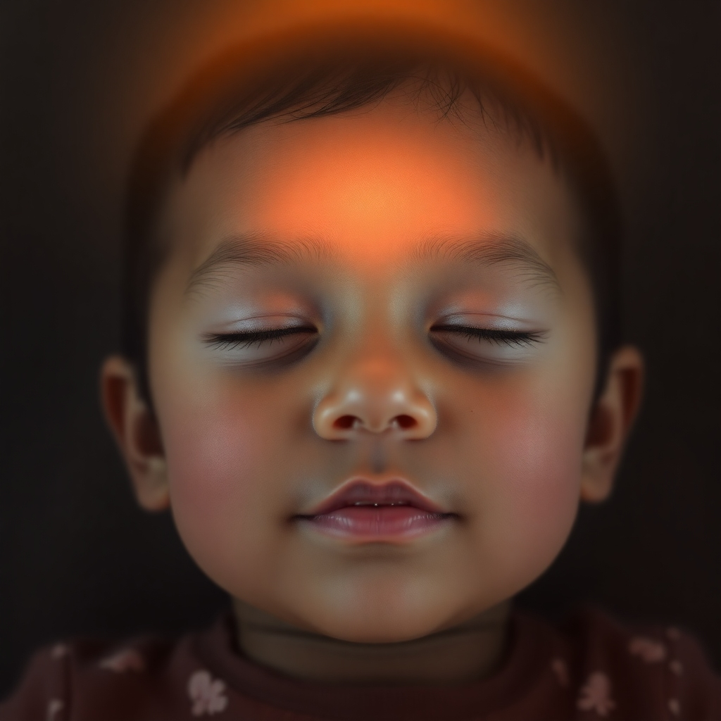 A 4K photorealistic image showing a child's peaceful face with gentle, subtle glowing around their forehead. Soft, warm light emanates from the area above the child's head. The atmosphere is relaxed and devoid of any stress or tension.