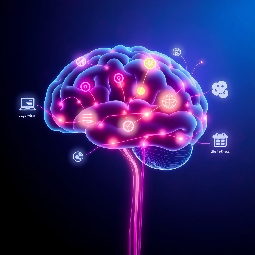 A 4K resolution image featuring a stylized brain made of light, with interwoven pathways glowing in vibrant colors. These pathways connect to icons representing remote work skills (e.g., coding, writing, design) and positive affirmations. The background is a gradient of deep blues and purples, creating a sense of depth and mystery. The overall style is modern and abstract, with a focus on visual metaphors for subconscious training and skill development. The image should convey a sense of transformation, potential, and empowerment. Soft lighting and subtle animations (if possible) would enhance the visual appeal.