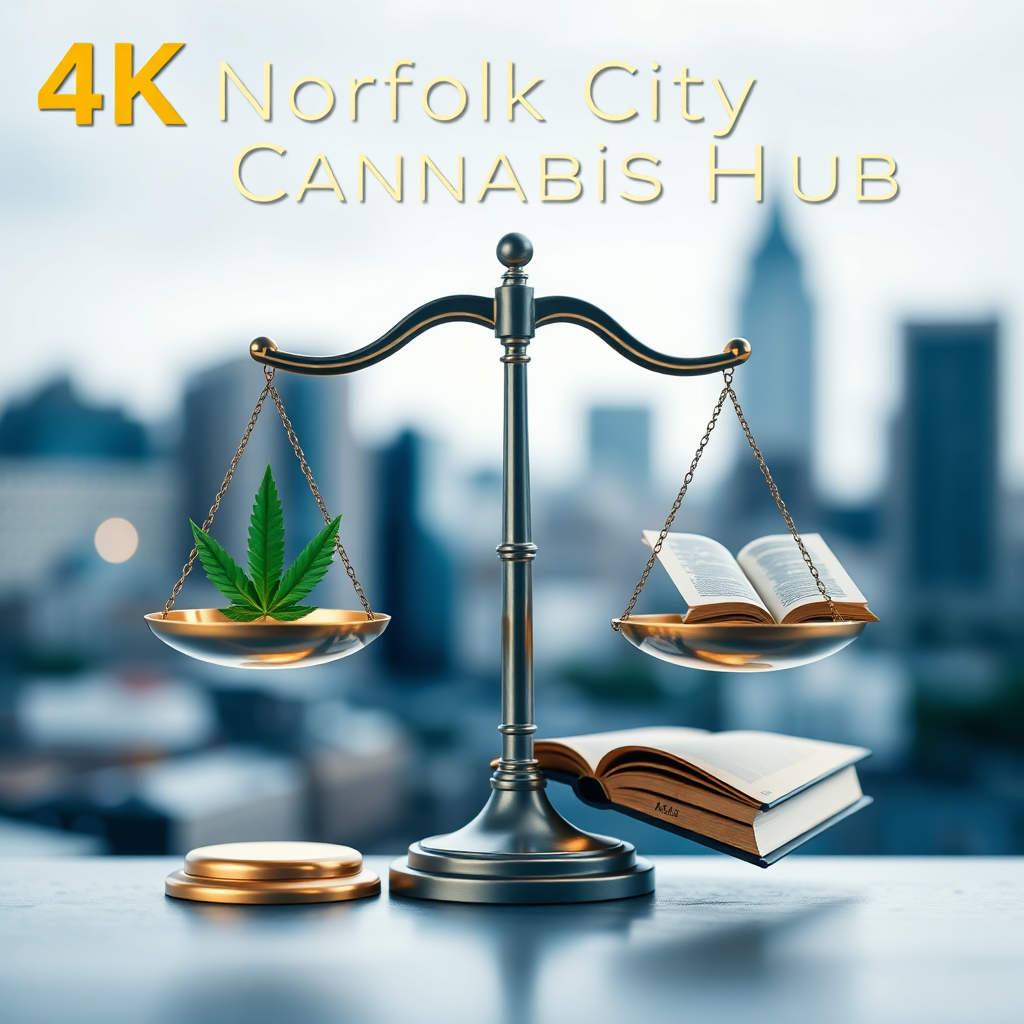 A 4K resolution image representing the Norfolk City Cannabis Hub's mission. The image should feature a stylized depiction of the scales of justice, balanced with a cannabis leaf on one side and a book representing knowledge on the other. Use a color palette of calming blues and greens, with a touch of gold to symbolize trust and reliability. The background should be a blurred cityscape of Norfolk. Lighting should be soft and diffused, creating a sense of calm and expertise. The composition should be clean and modern, reflecting the hub's commitment to providing clear and accurate information. Style: A blend of photorealism and graphic illustration.