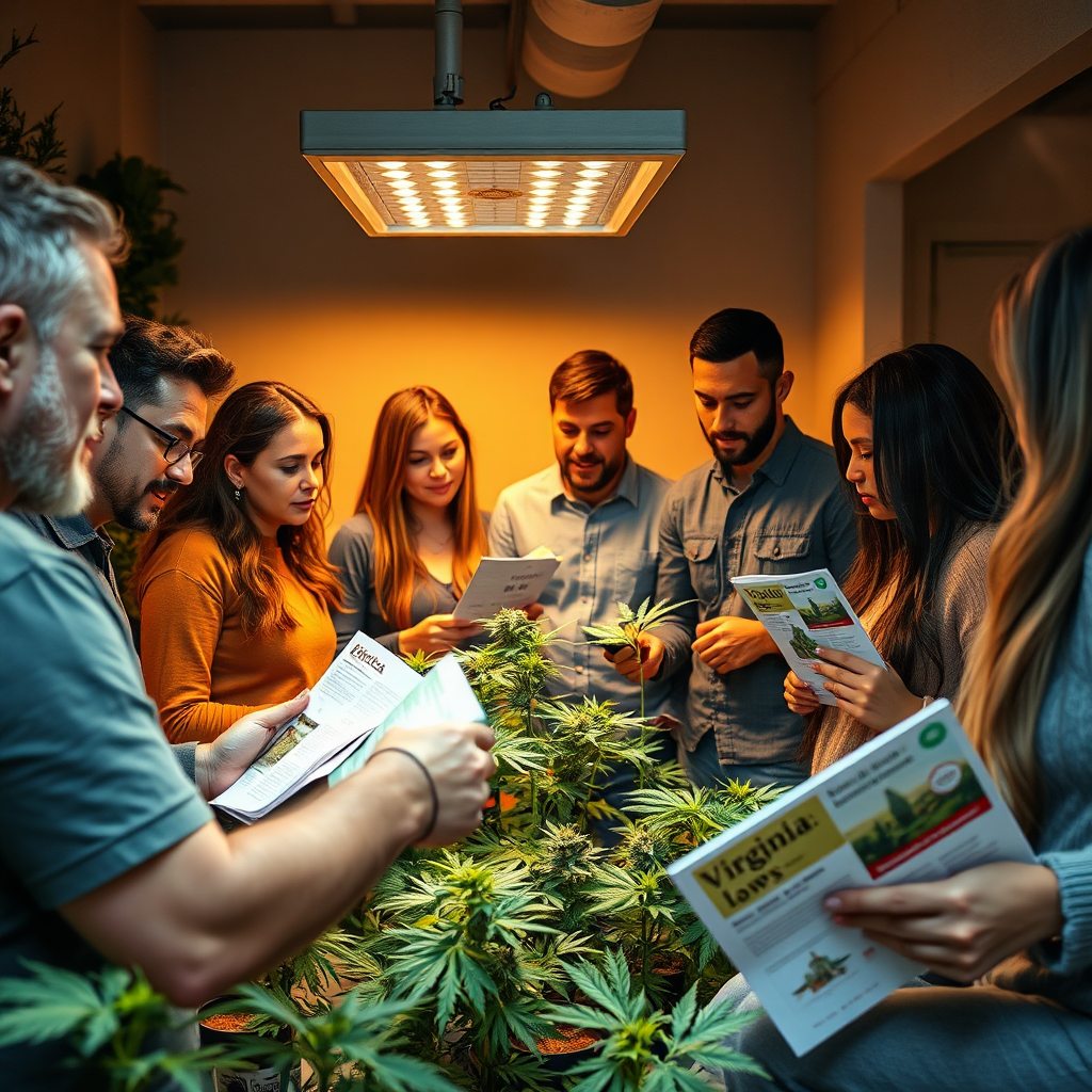 A 4K resolution, photorealistic image showcasing a diverse group of adults (21+) in a relaxed, modern setting. Some are tending to a small, indoor cannabis grow, while others are engaged in conversation, holding informational brochures about Virginia cannabis laws. The lighting is warm and inviting, creating a sense of community and education. The color palette is natural and earthy, with greens and browns dominating. The camera angle is a medium shot, capturing the interactions and the environment. Textural details include the lushness of the cannabis plants and the clarity of the informational materials. Relevant props include grow lights, pots, and educational guides. Style references include contemporary lifestyle photography, emphasizing the responsible and informed use of cannabis within the legal framework.