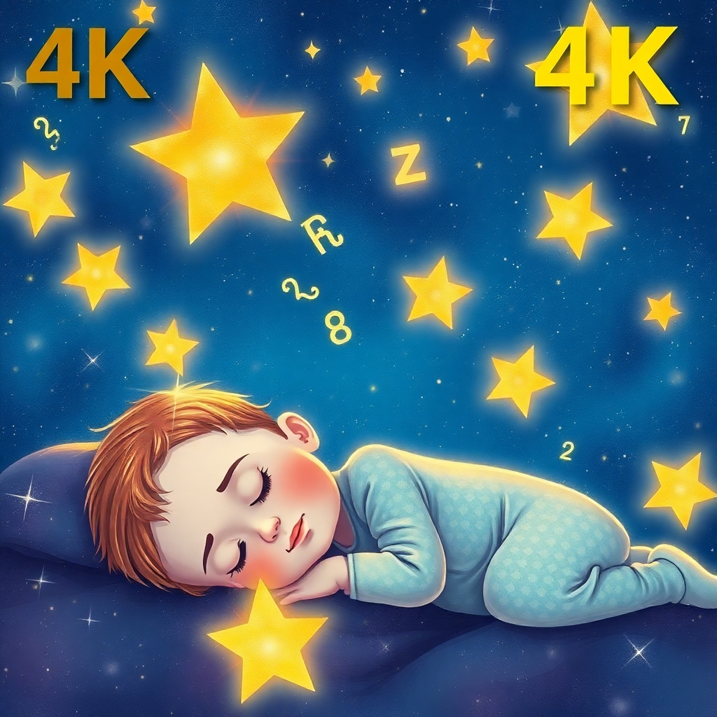 A 4K stylized image, almost like an illustration in a children's book, showing a child sleeping peacefully under a starry night sky.  Glowing 777Hz sound waves emanate from the stars, gently washing over the child. ABCs float among the stars. The color palette is a vibrant mix of deep blues and sparkling golds, representing wonder and dreams. The style is reminiscent of classic children's storybook art.