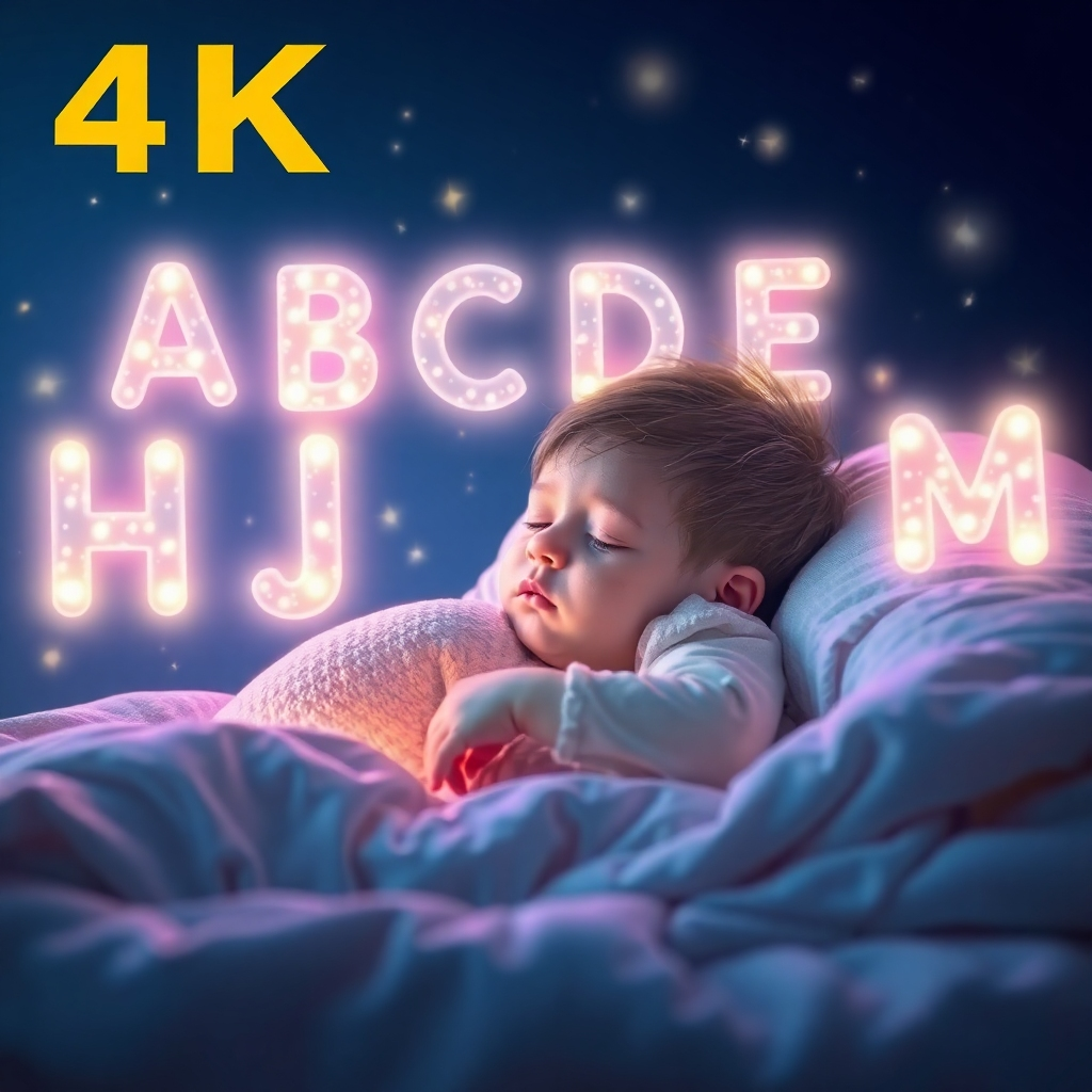 A 4K stylized image reminiscent of a child's ABC flashcard but with floating, glowing letters arranged in a dreamy, celestial pattern, surrounding a softly lit, sleeping child. The image uses a calming color palette.