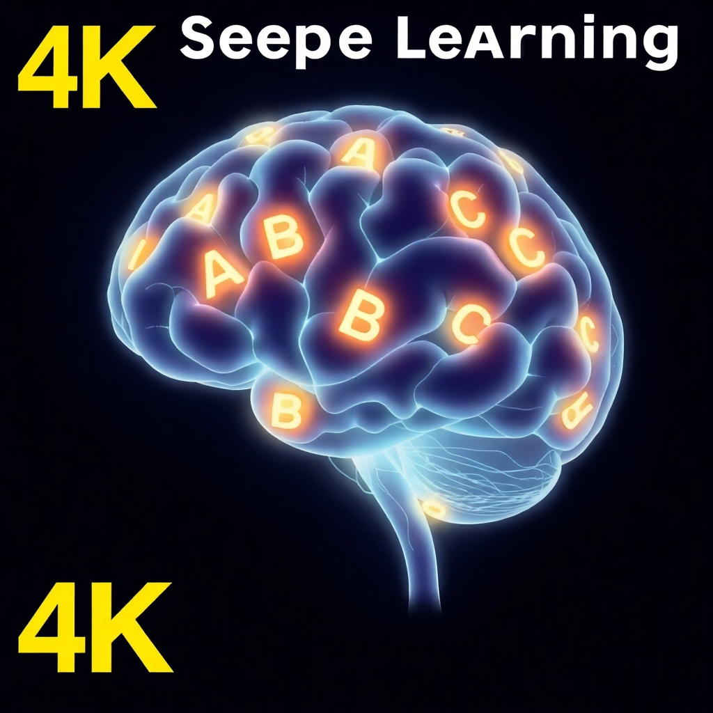A 4K stylized image representing a child's brain with glowing pathways and connections.  Soft, glowing ABCs interweave with the neural pathways, signifying cognitive enhancement through sleep learning. The style is modern and scientifically inspired.