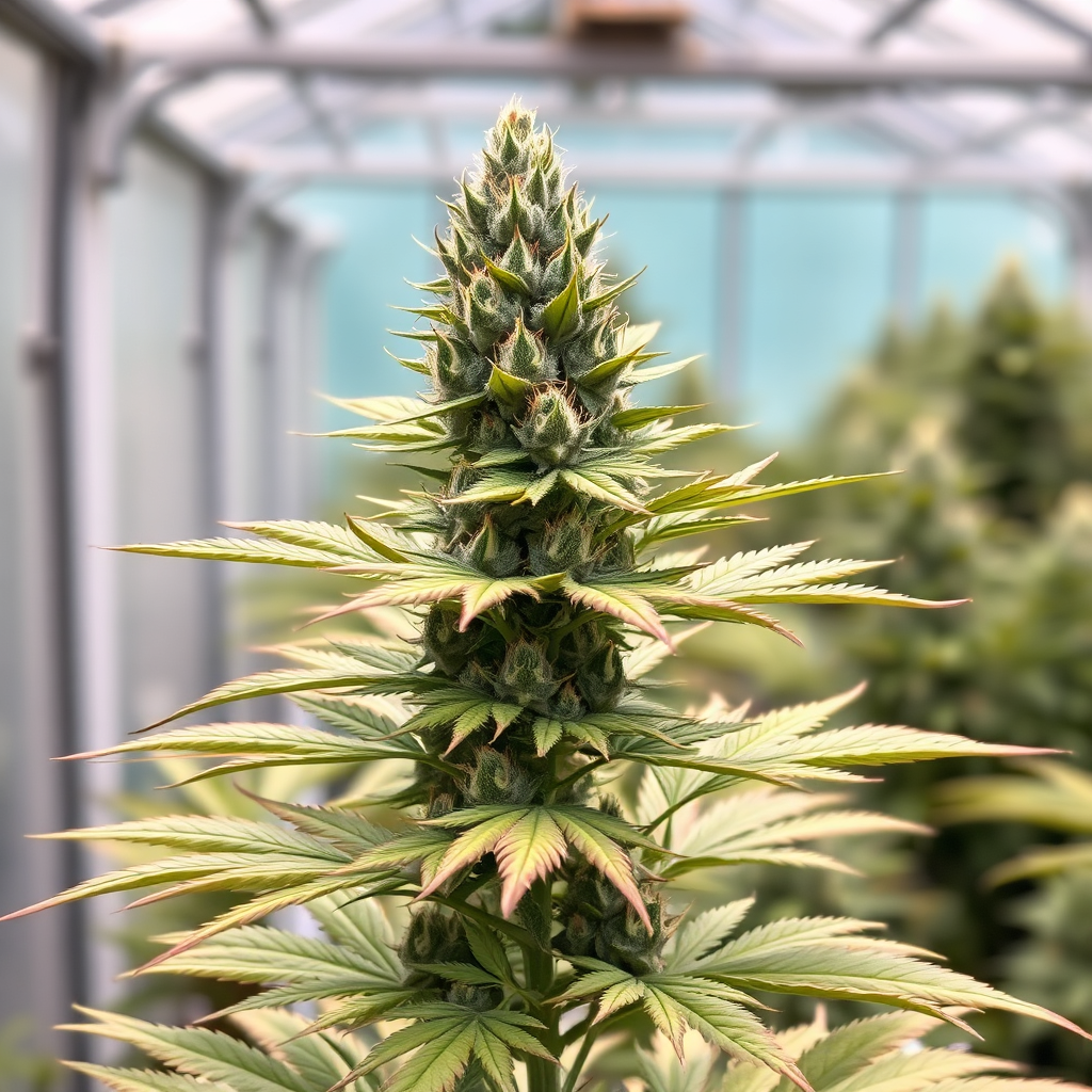 A balanced and harmonious image of a hybrid cannabis plant, showcasing the blend of indica and sativa characteristics. The plant should have a moderate height and structure, with a mix of broad and narrow leaves. The buds should be dense and resinous, exhibiting a balanced blend of colors. Soft, diffused lighting should highlight the harmony and balance of the plant. The background could be a greenhouse setting, suggesting the plant's adaptability to various growing conditions. The camera angle should be a medium shot, capturing the overall form and structure of the plant. The overall style should be balanced and versatile, reflecting the effects of hybrid strains.