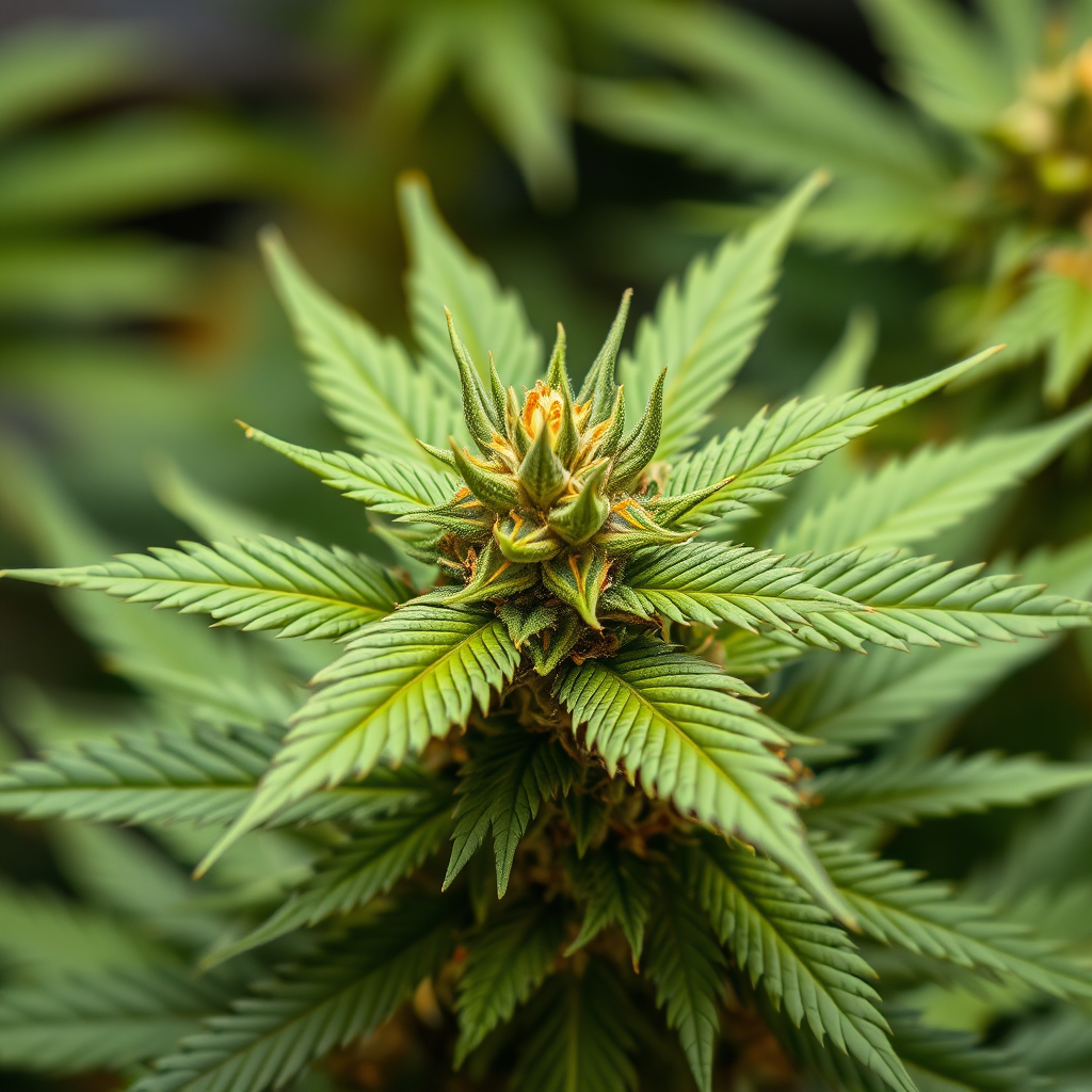 A balanced composition featuring a hybrid cannabis plant. The plant exhibits characteristics of both Indica and Sativa, with a medium height and leaf structure. The buds are moderately dense and resinous. The lighting is balanced, highlighting both the green tones and the amber hues of the trichomes. Style: Cannabis botany, close-up. Technical specs: 4K resolution, high quality, well-lit.